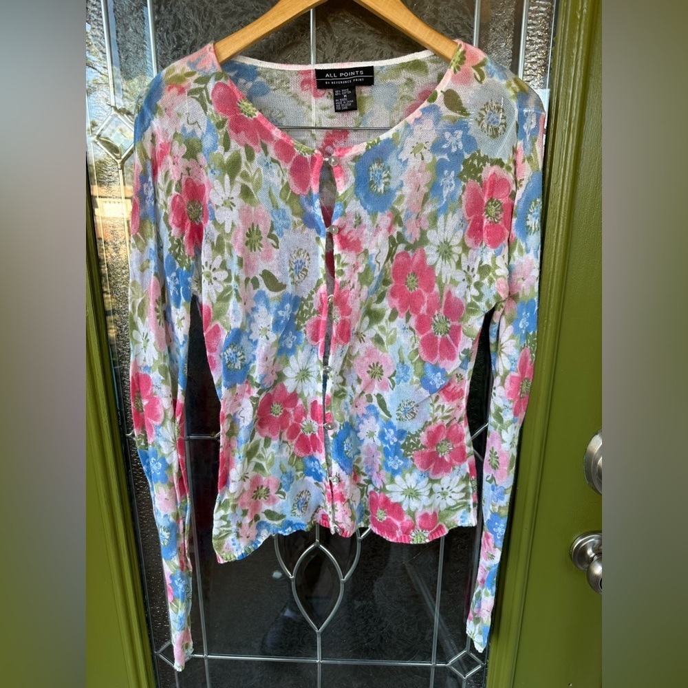 Medium Sheer Floral Feminine Cottage Fairy Long Sleeve Button Cardigan Cotton
